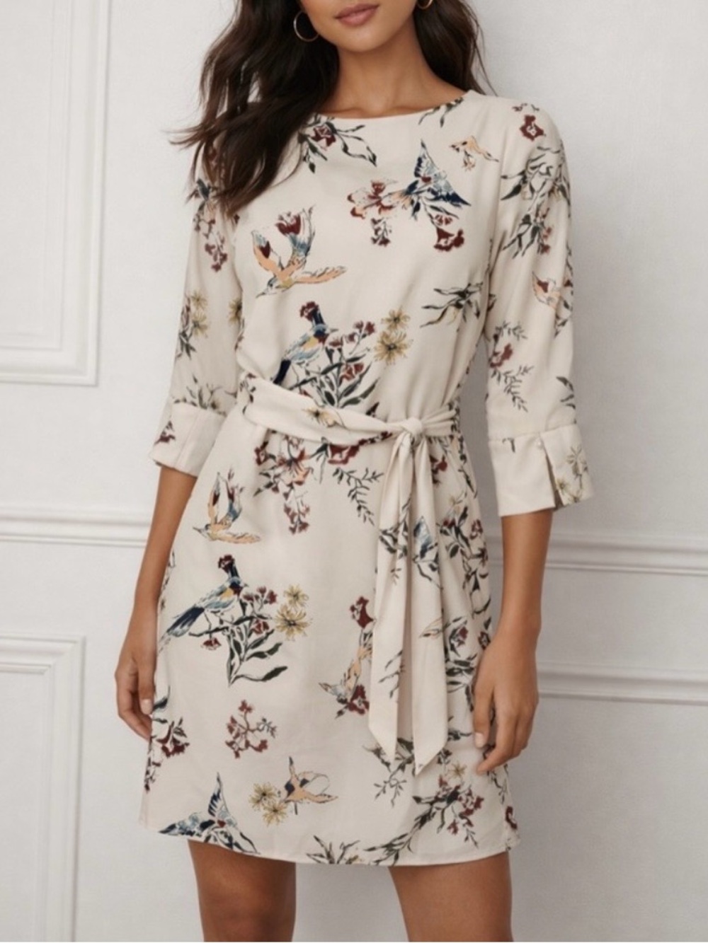 H&M Cream Midi Dress with Floral & Bird Print Up 3/4 sleeves
Size 2